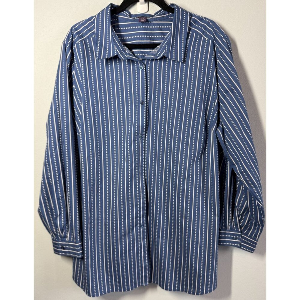 Roamans Womens Button Up Blouse‎ Blue White Stripes Plus Size 26W 100% Cotton